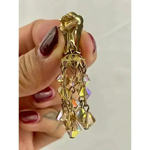 VTG Crystal Chandelier Clip On Earring Brown Iridescent Beaded Dangle 2" Long - Picture 5 of 16